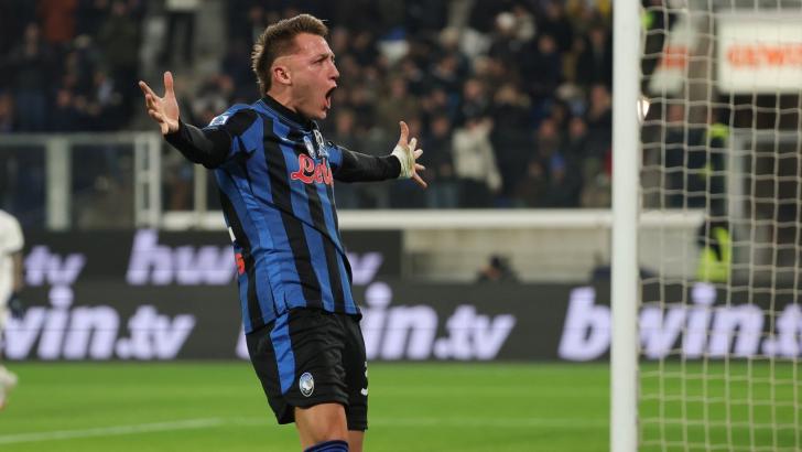 Atalanta and Italy striker Mateo Retegui celebrates scoring a goal